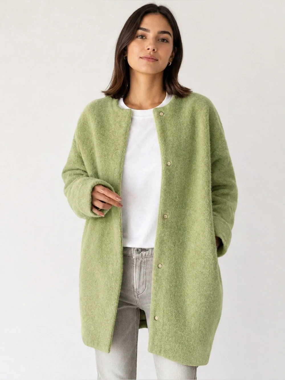Women's Aiyishangfushi Sage Green Fuzzy Wool Blend Collarless Long Coat Jacket